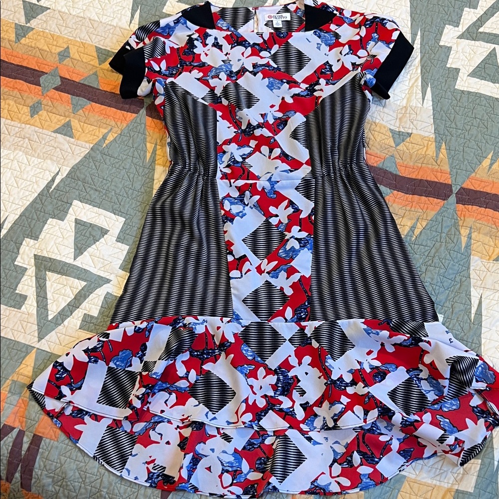 Peter Pilotto Girls Mixed-Print Ruffle Dress in Red, Black, White & Blue